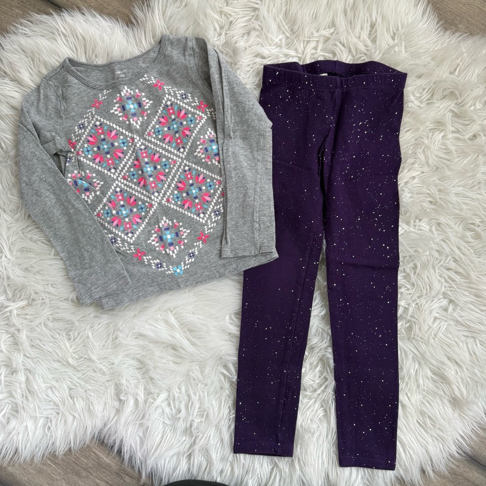 Cat & Jack Purple Glitter Leggings & Carter’s Colorful Shirt